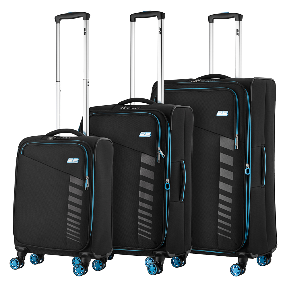 2E Suitcase set, Trek, (L+M+S), TSA, 4 wheels, + 3 Cabin backpacks (2E-BPET-CABIN-BK), polyester, black