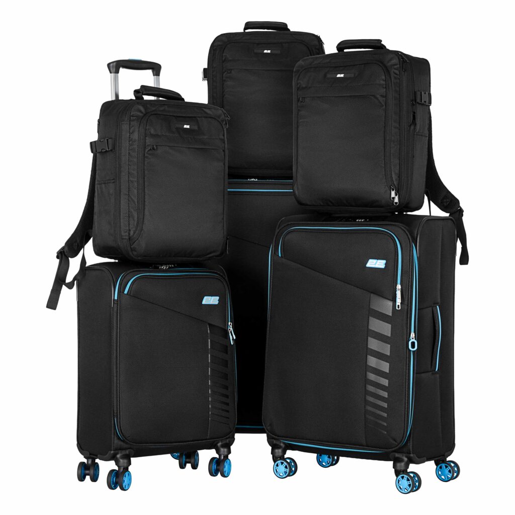 2E Suitcase set, Trek, (L+M+S), TSA, 4 wheels, + 3 Cabin backpacks (2E-BPET-CABIN-BK), polyester, black