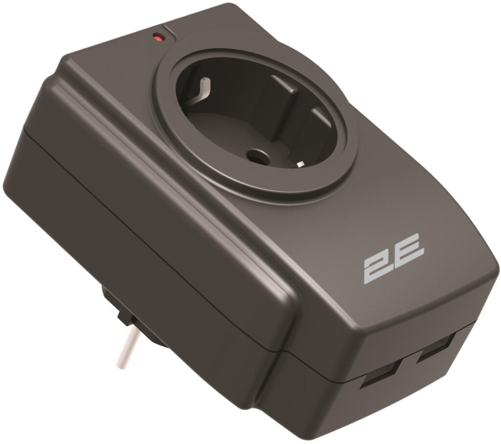 2E Power adapter with surge protection, 1xTypeF, 16A, 2xUSB-A, black