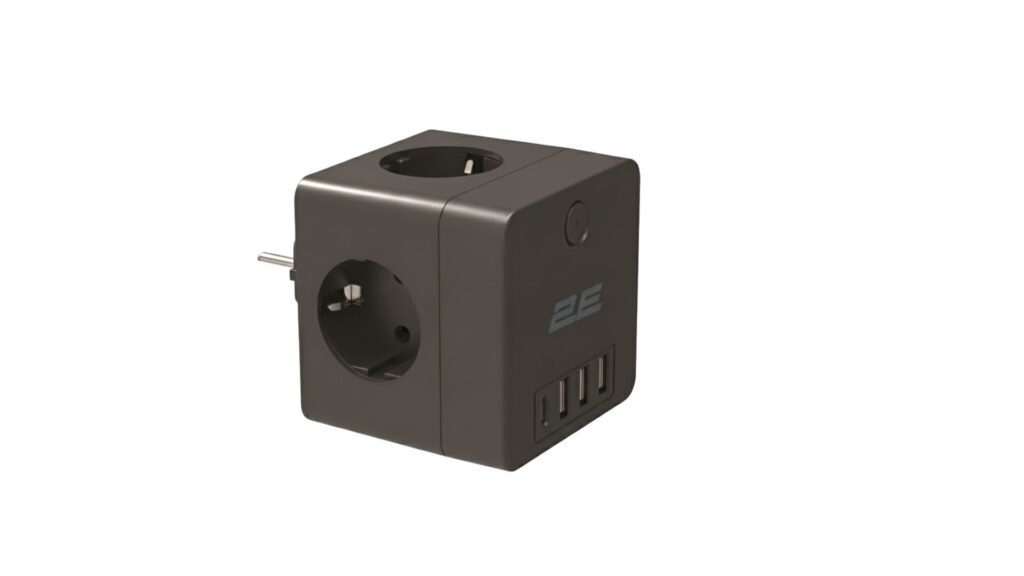 Адаптер сетевой 2E 3xТипF, 16A, 2xUSB-A, 1x USB-C, фильтр, чёрный