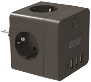 Адаптер сетевой 2E 3xТипF, 16A, 2xUSB-A, 1x USB-C, фильтр, чёрный