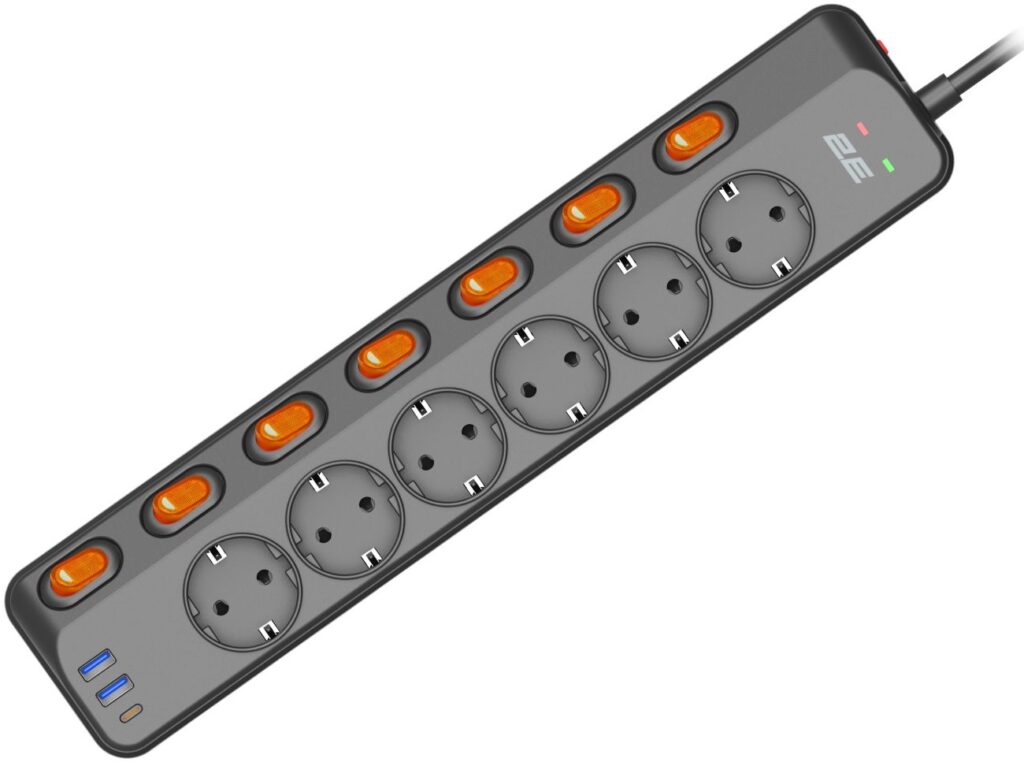 2E Power strip with surge protection, 3m, 6xTypeF, 16A, 2xUSB-A, 1xUSB-C, black