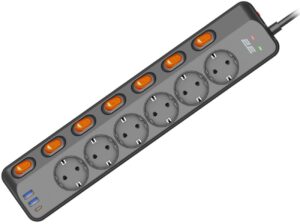 2E Power strip with surge protection, 3m, 6xTypeF, 16A, 2xUSB-A, 1xUSB-C, black