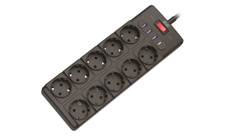 2E Power strip with surge protection, 3m, 10xTypeF, 16A, 3xUSB-A, 1xUSB-C, black