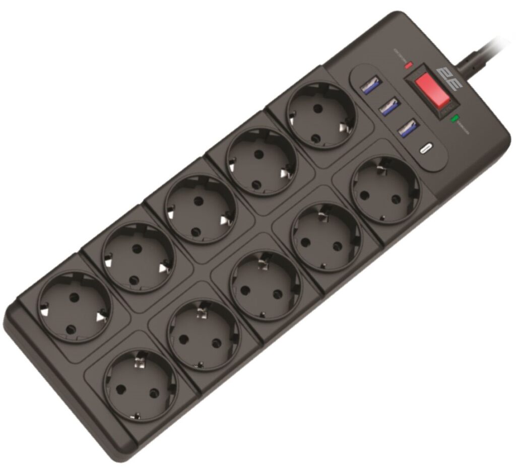 2E Power strip with surge protection, 3m, 10xTypeF, 16A, 3xUSB-A, 1xUSB-C, black