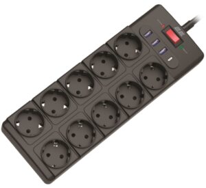 2E Power strip with surge protection, 3m, 10xTypeF, 16A, 3xUSB-A, 1xUSB-C, black