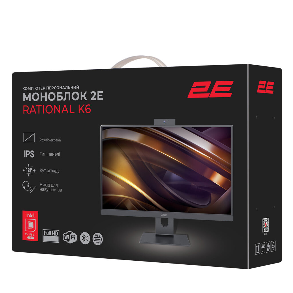 Комп’ютер персональний моноблок 2E Rational K6 23.8″ FHD IPS Intel i3-12100, 8Gb, F480GB, UMA, H610, K6.610, 120W, FreeDos, чорний
