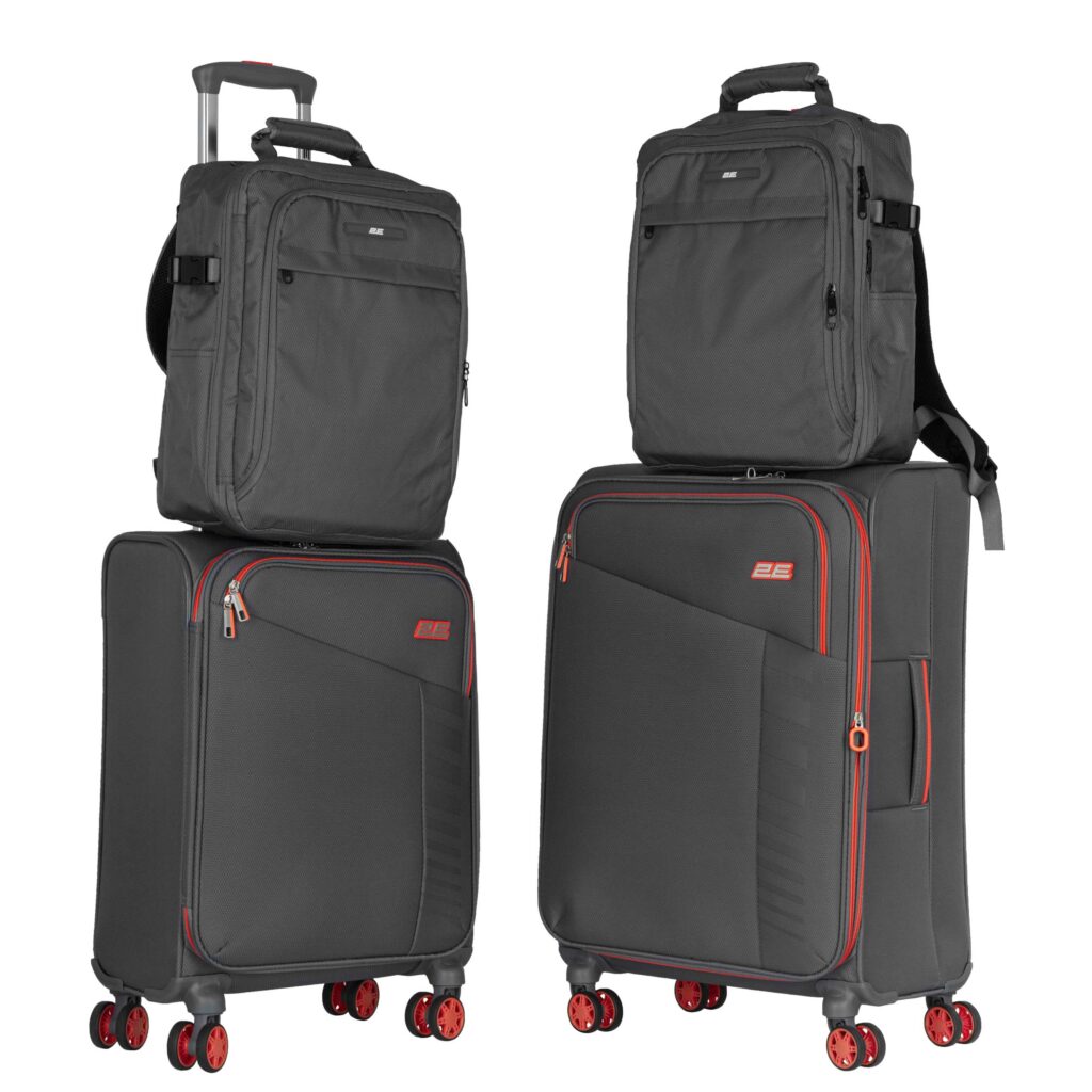 2E Suitcase set, Trek, (M+S), TSA, 4 wheels, + 2 Cabin backpacks (2E-BPET-CABIN-GR), polyester, grey
