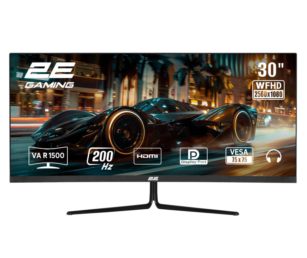 Монітор 2E GAMING 30″ G3024B 2xHDMI, DP, Audio, VA, 2560×1080, 21:9, 200Hz, 1ms, CURVED, FreeSync