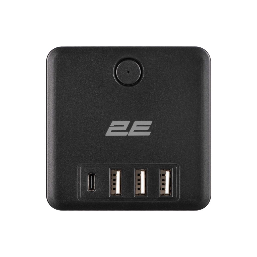 Адаптер мережевий 2E 3xТипF, 16A, 2xUSB-A, 1x USB-C фільтр, чорний