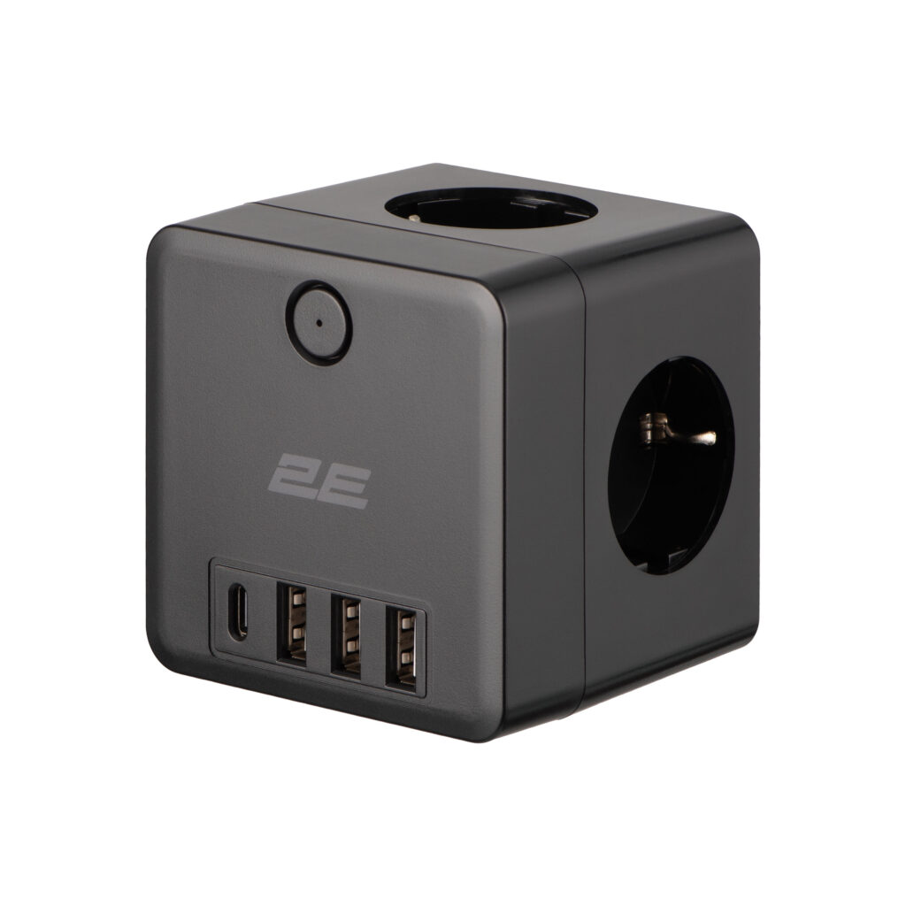 Адаптер мережевий 2E 3xТипF, 16A, 2xUSB-A, 1x USB-C фільтр, чорний