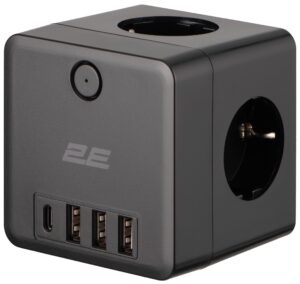 Адаптер мережевий 2E 3xТипF, 16A, 2xUSB-A, 1x USB-C фільтр, чорний