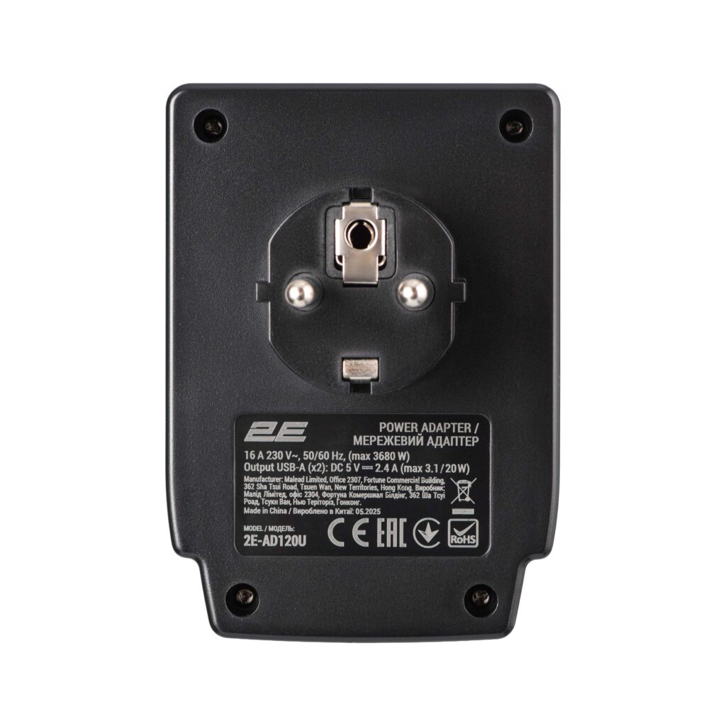 Адаптер мережевий 2E 1xТипF, 16A, 2*USB-A, фільтр, чорний