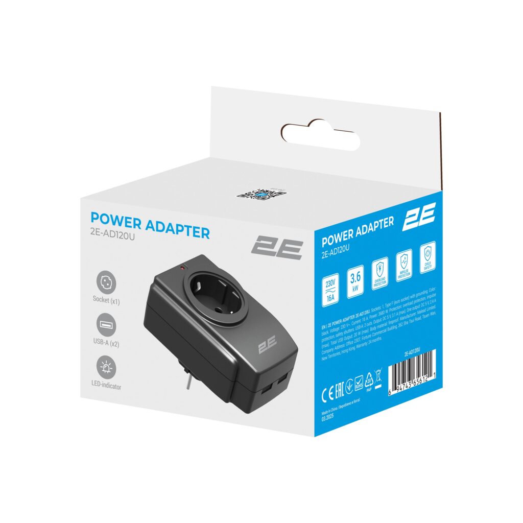 Адаптер мережевий 2E 1xТипF, 16A, 2*USB-A, фільтр, чорний