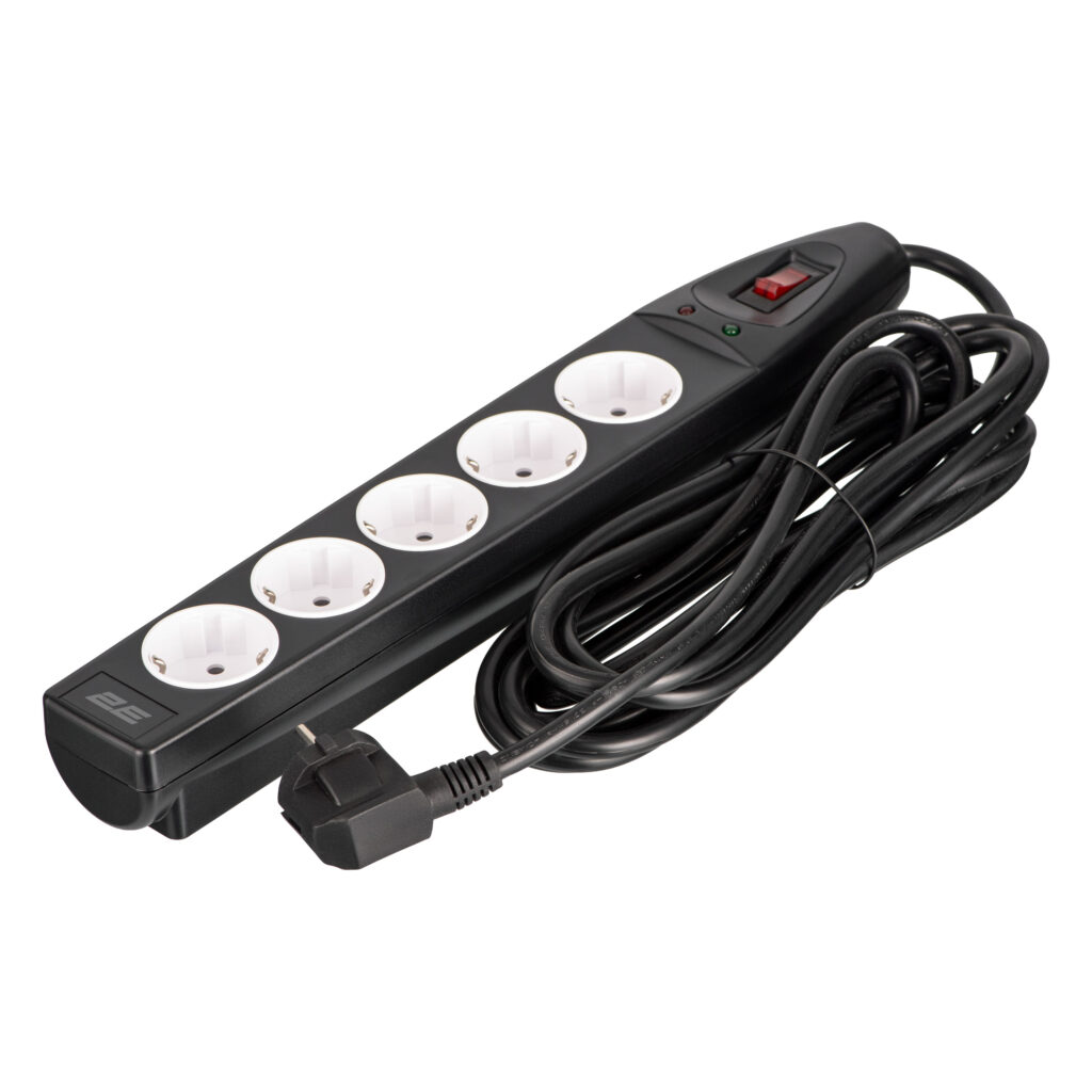 Подовжувач мережевий 2E 5м, 5xТипF, 16A, фільтр, чорний