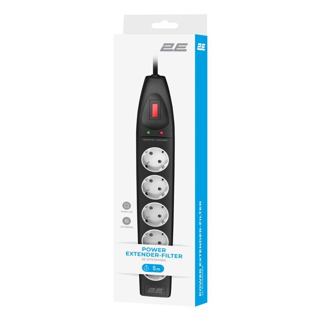 Подовжувач мережевий 2E 5м, 5xТипF, 16A, фільтр, чорний