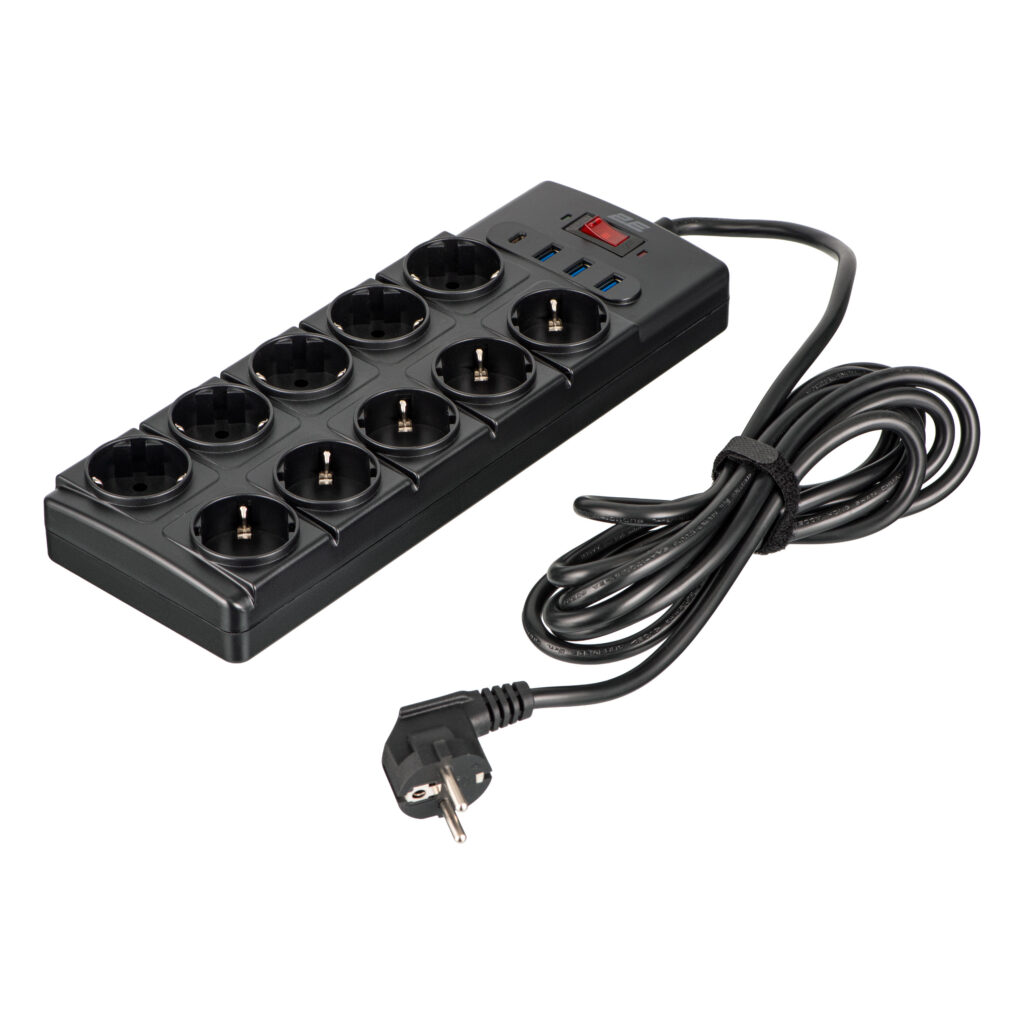 Подовжувач мережевий 2E 3м, 10xТипF, 16A, 3xUSB-A, 1xUSB-C, фільтр, чорний