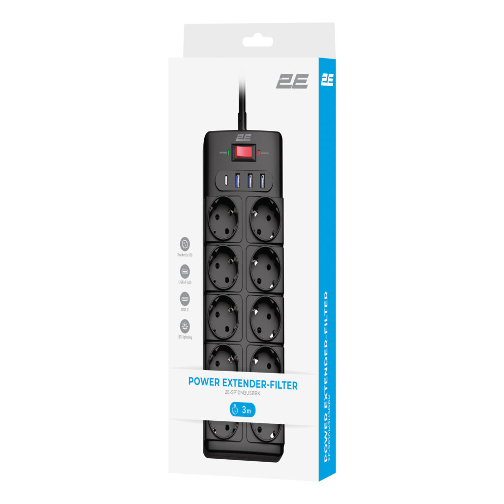 Подовжувач мережевий 2E 3м, 10xТипF, 16A, 3xUSB-A, 1xUSB-C, фільтр, чорний