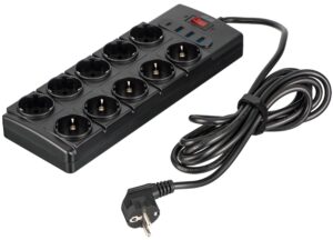Подовжувач мережевий 2E 3м, 10xТипF, 16A, 3xUSB-A, 1xUSB-C, фільтр, чорний