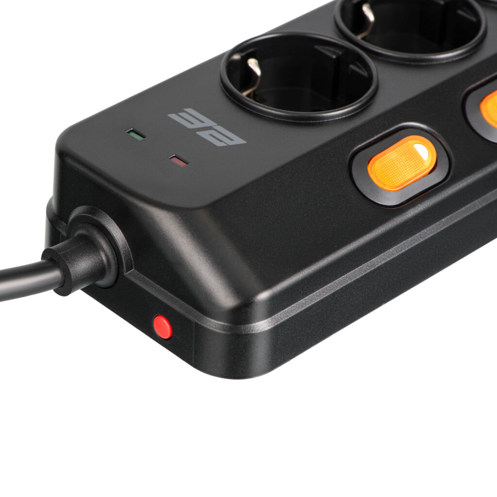 Подовжувач мережевий 2E 3м, 6xТипF, 16A, 2xUSB-A, 1x USB-C фільтр, чорний