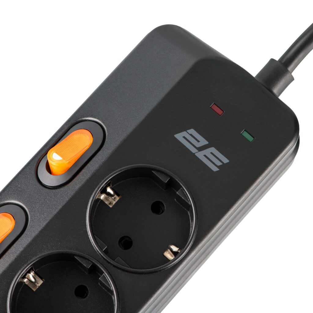 Подовжувач мережевий 2E 3м, 6xТипF, 16A, 2xUSB-A, 1x USB-C фільтр, чорний