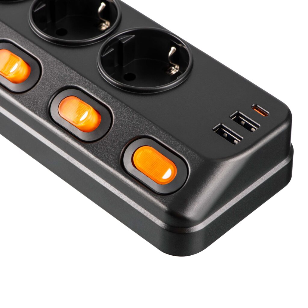 Подовжувач мережевий 2E 3м, 6xТипF, 16A, 2xUSB-A, 1x USB-C фільтр, чорний