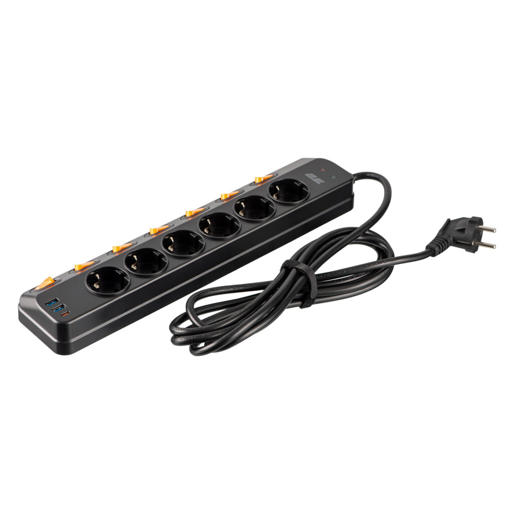 Подовжувач мережевий 2E 3м, 6xТипF, 16A, 2xUSB-A, 1x USB-C фільтр, чорний