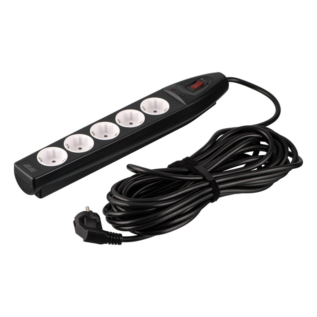 Подовжувач мережевий 2E 10м, 5xТипF, 16A, фільтр, чорний