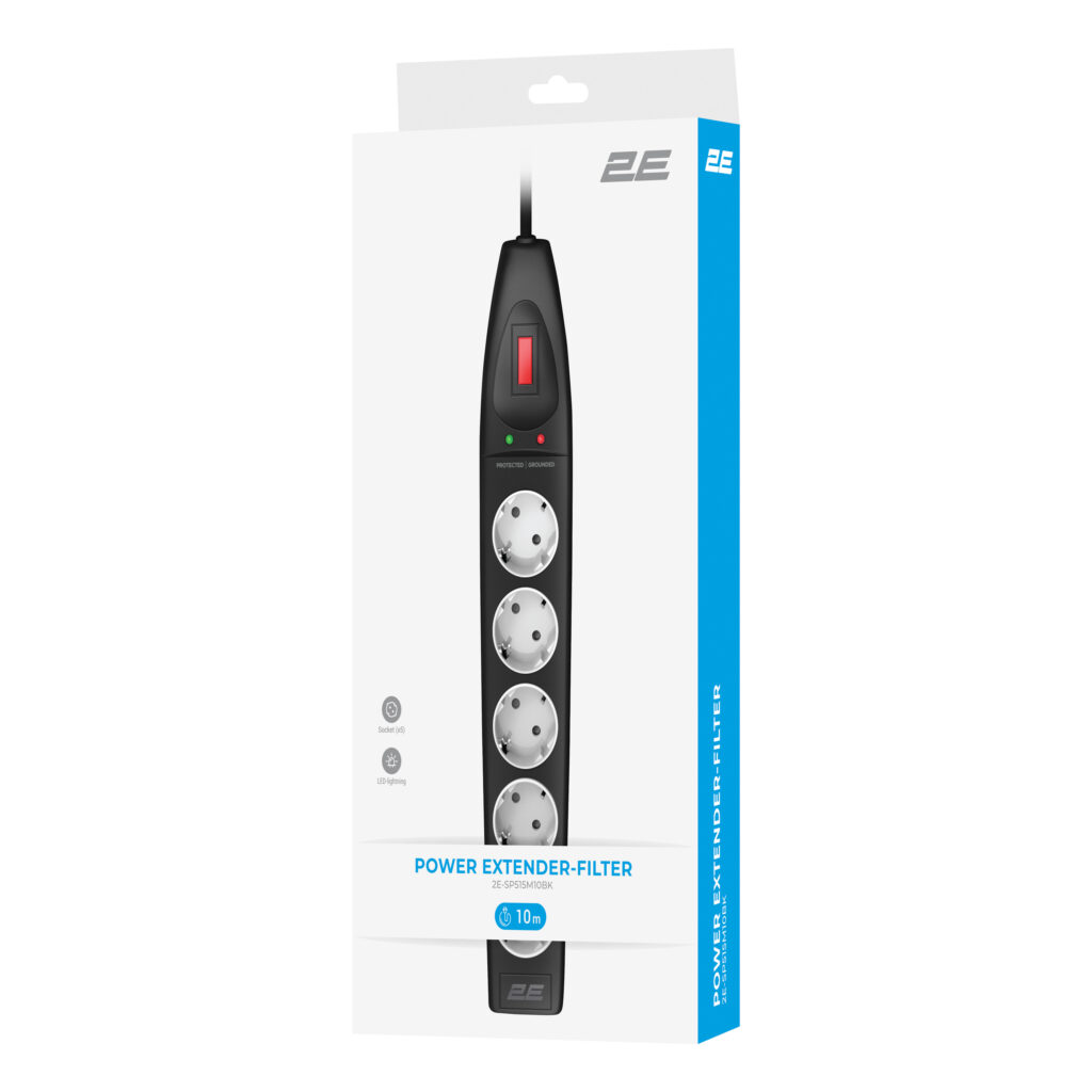 Подовжувач мережевий 2E 10м, 5xТипF, 16A, фільтр, чорний