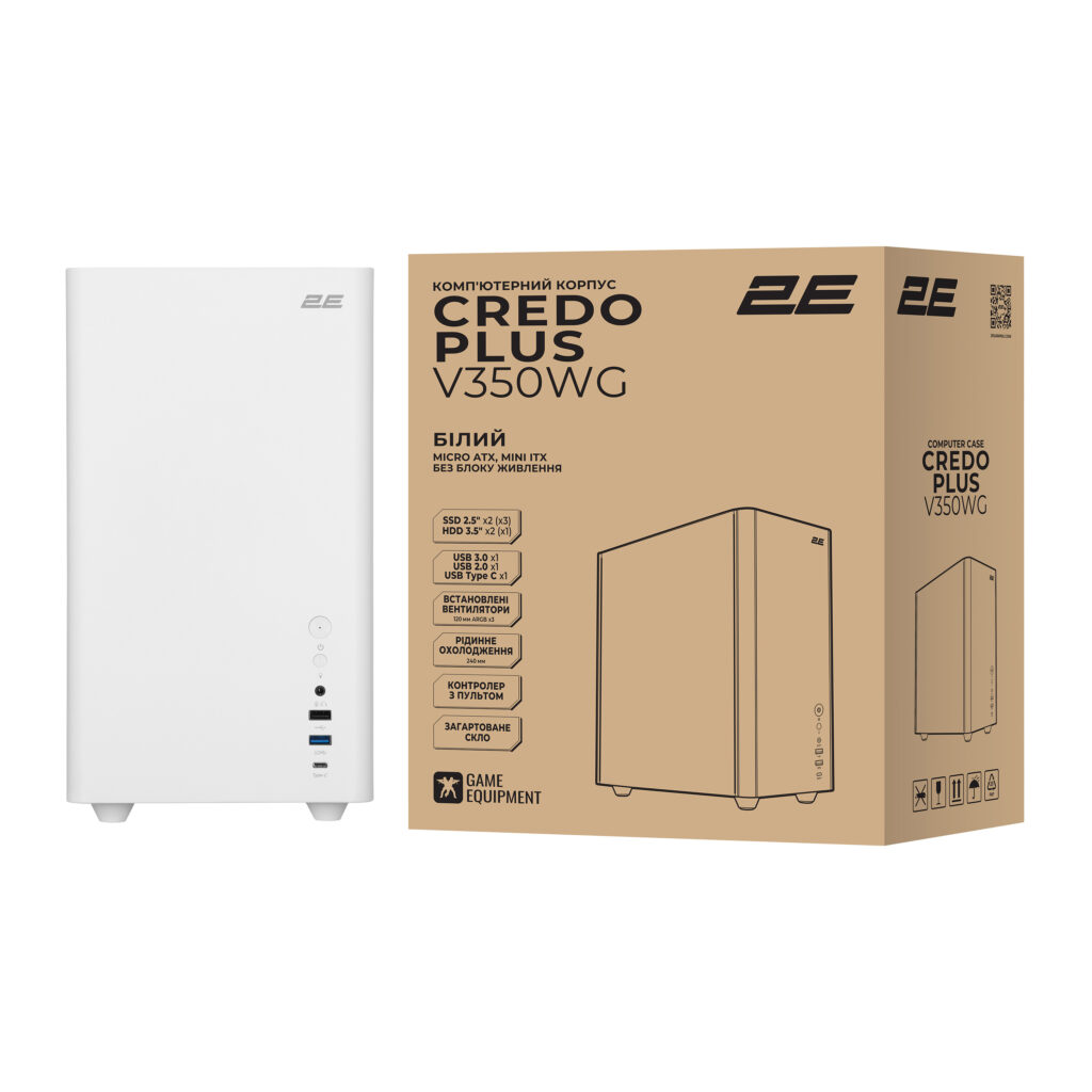 2E PC case Credo Plus V350WG without PSU, 1xUSB3.0, 1х USB 2.0, 1xUSB Type-C, 3x120mm, VGA 350mm, LCS ready, TG Side Panel, mATX, white