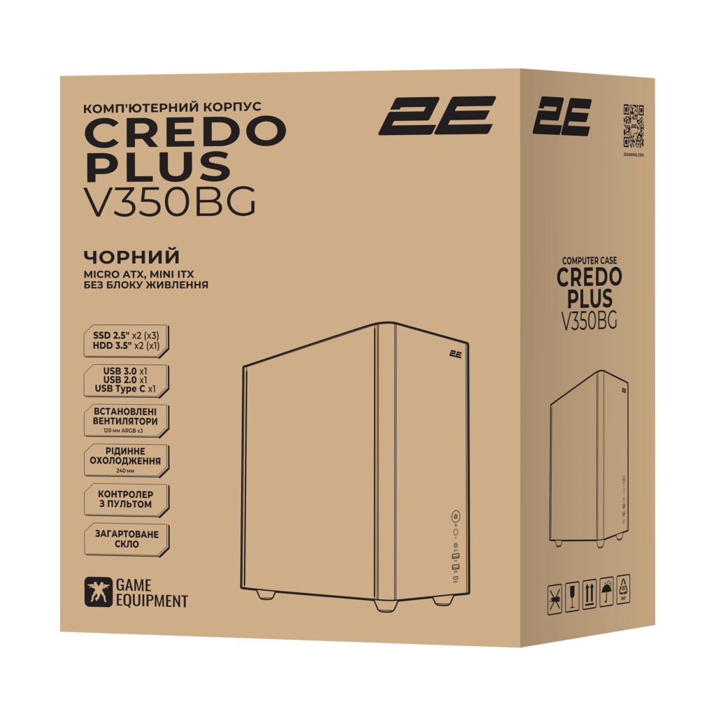 Корпус 2E Credo Plus V350BG без БП, 1xUSB3.0, 1х USB 2.0, 1xUSB Type-C, 3×120мм ARGB, VGA 350мм, LCS ready,  контроллер с пультом, TG Side Panel, mATX, чёрный