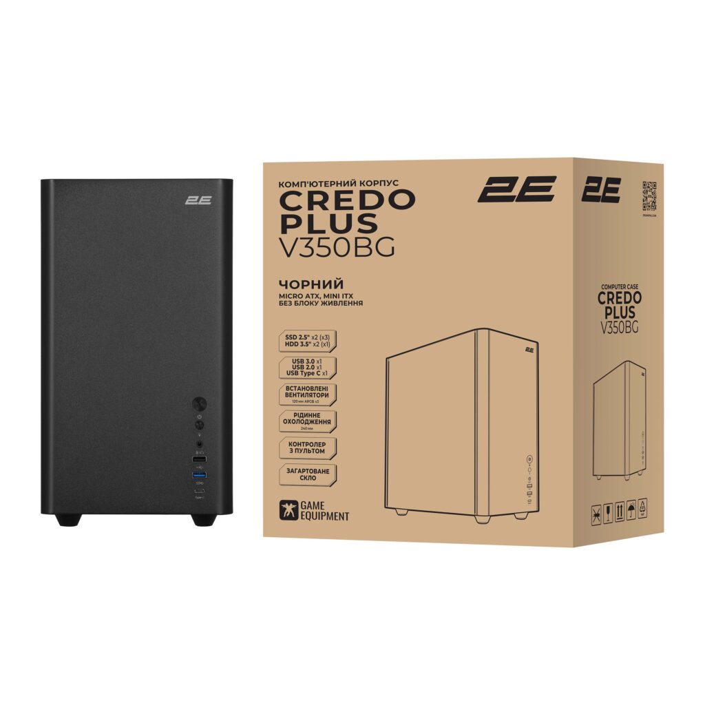 Корпус 2E Credo Plus V350BG без БП, 1xUSB3.0, 1х USB 2.0, 1xUSB Type-C, 3×120мм ARGB, VGA 350мм, LCS ready,  контроллер с пультом, TG Side Panel, mATX, чёрный