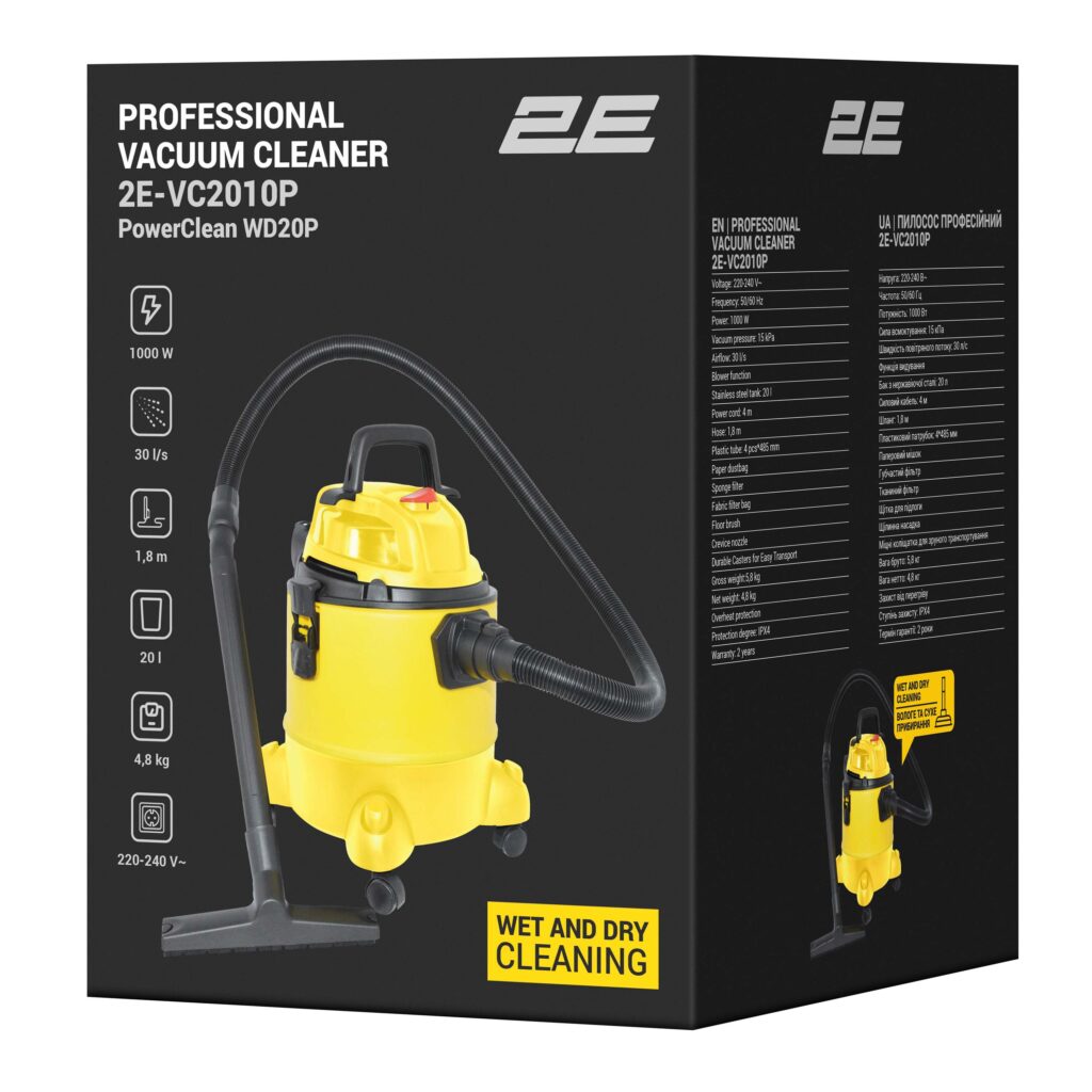 Пилосос професійний 2E PowerClean 20P 1000Вт 15кПа контейнер 20л вологе/сухе прибирання функція повітродувки IPX4 4.8кг