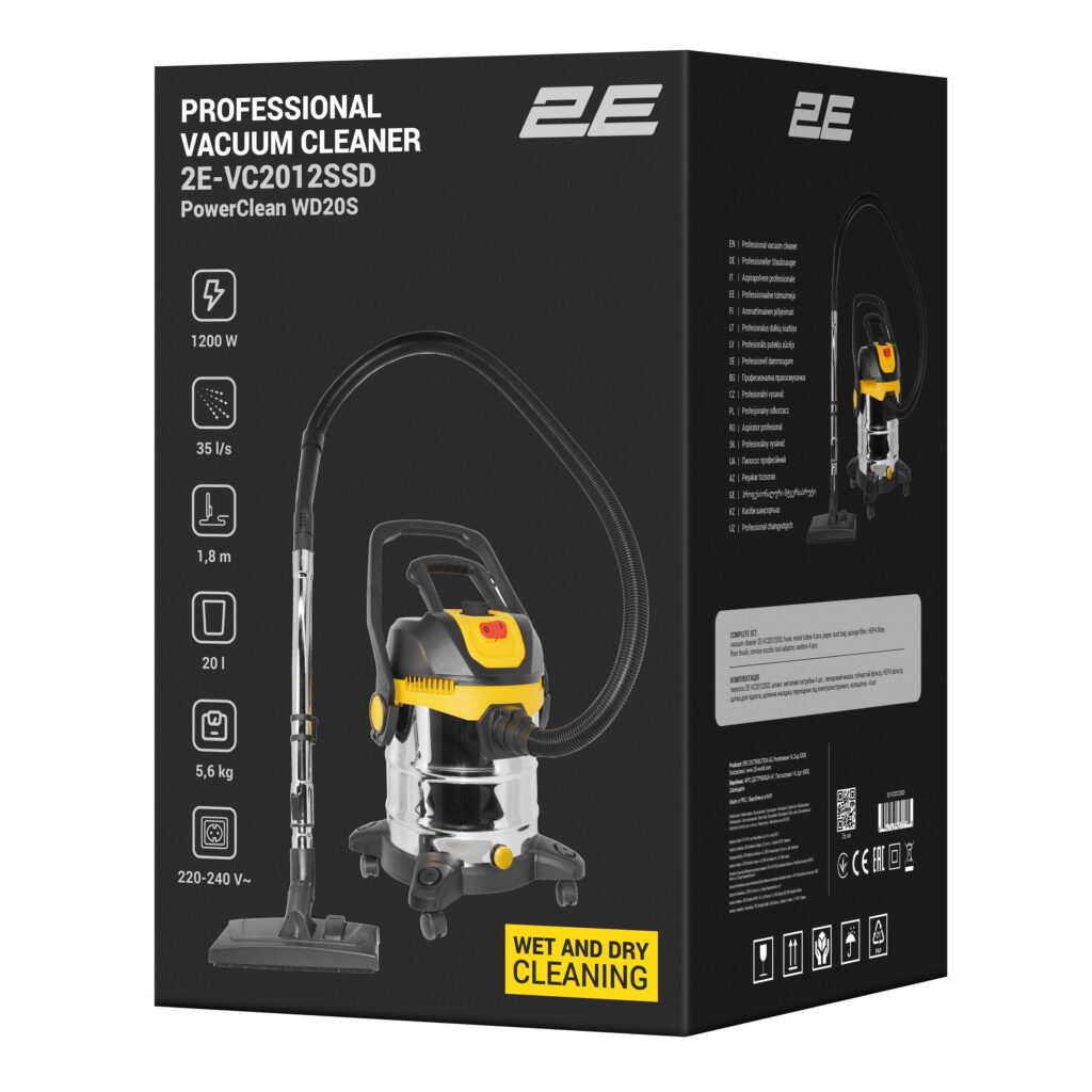 Пилосос професійний 2E PowerClean 20S 1200Вт 17кПа контейнер 20л розетка 220В/2000Вт вологе/сухе прибирання функція повітродувки IPX4 5.6кг
