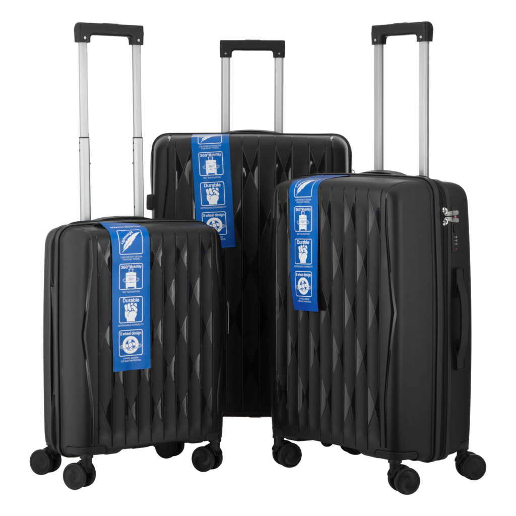 2E Suitcase set 3in1, M7979, polypropylene, (L+M+S), lock (not TSA), anti theft zipper, 4 wheels, black