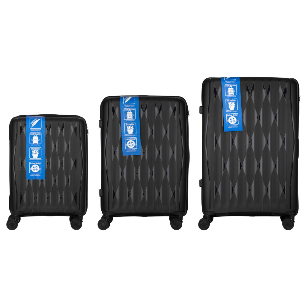 2E Suitcase set 3in1, M7979, polypropylene, (L+M+S), lock (not TSA), anti theft zipper, 4 wheels, black