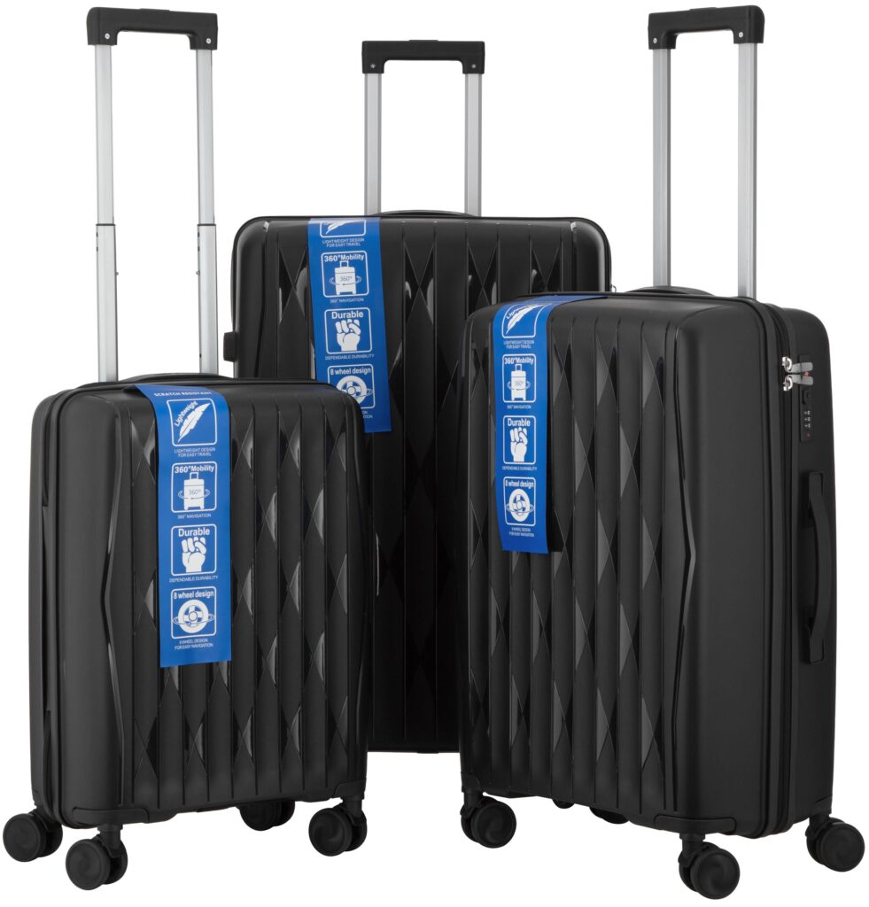 2E Suitcase set 3in1, M7979, polypropylene, (L+M+S), lock (not TSA), anti theft zipper, 4 wheels, black