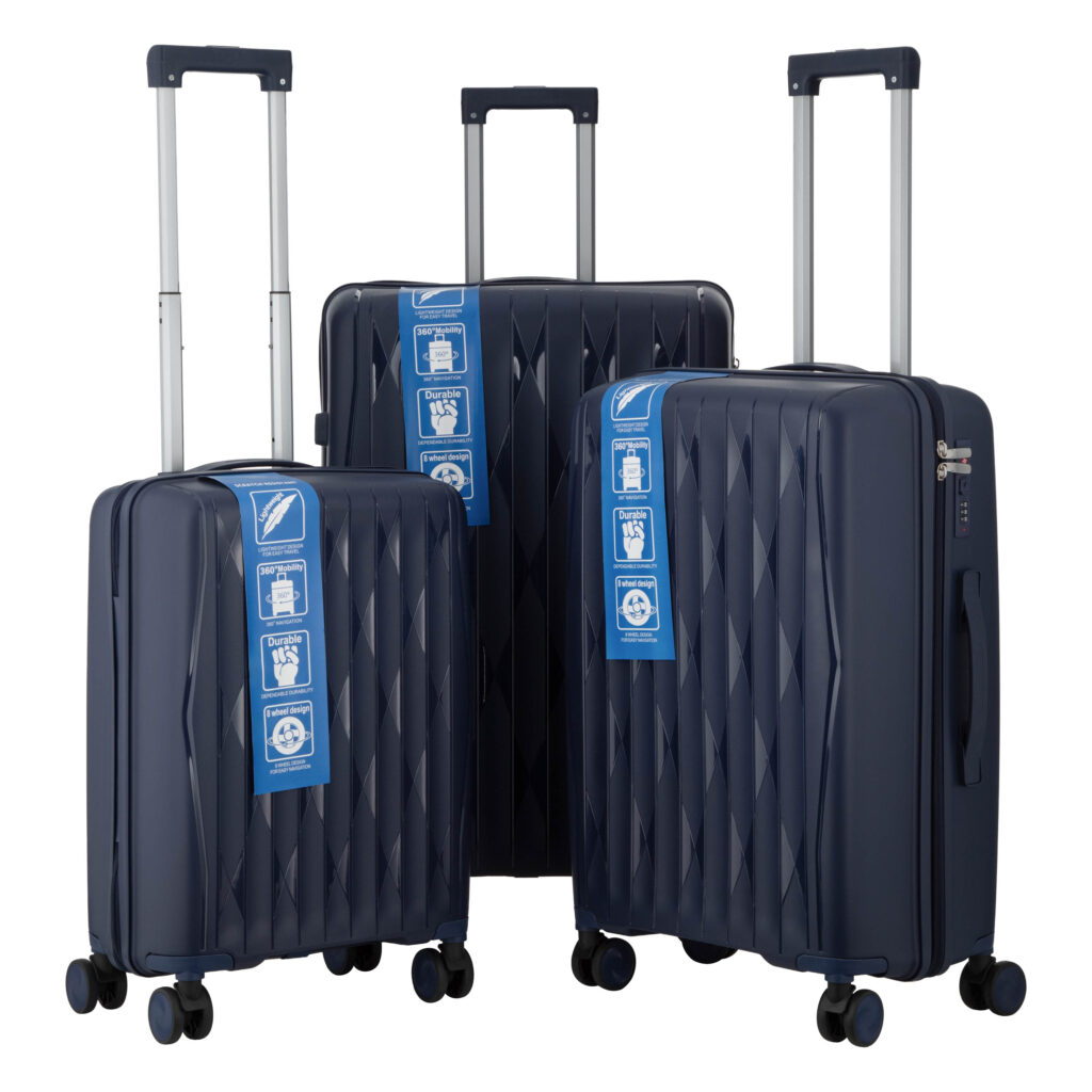 2E Suitcase set 3in1, M7979, polypropylene, (L+M+S), lock (not TSA), anti theft zipper, 4 wheels, dark blue