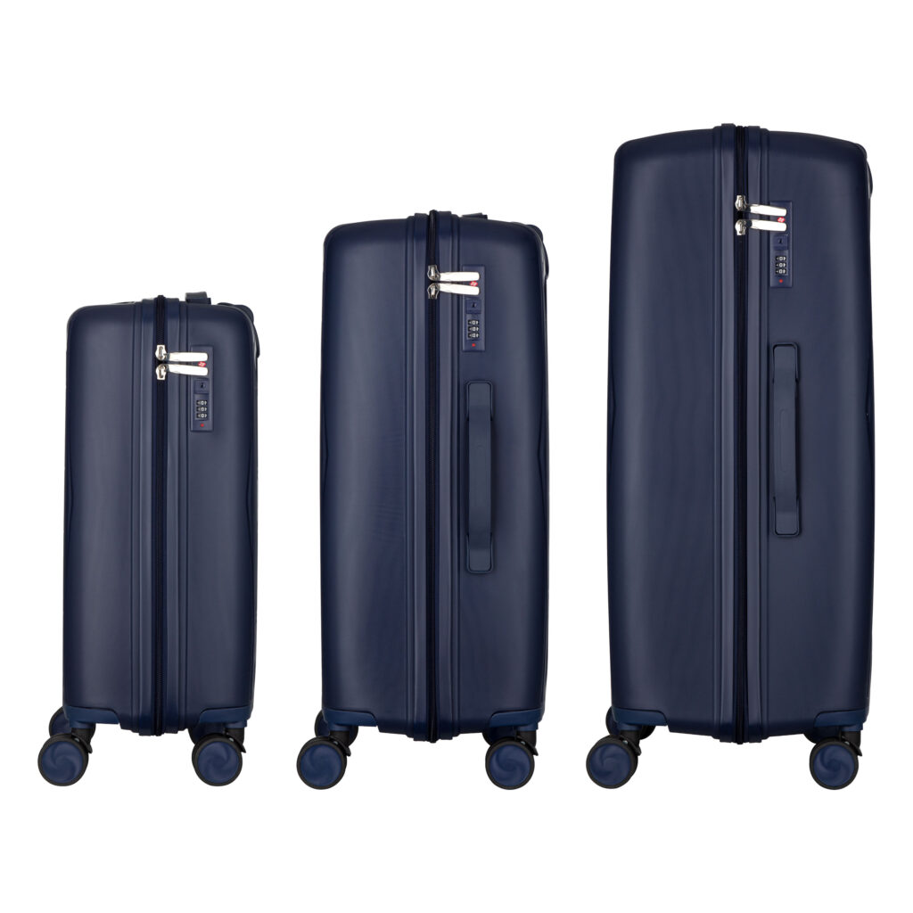 2E Suitcase set 3in1, M7979, polypropylene, (L+M+S), lock (not TSA), anti theft zipper, 4 wheels, dark blue
