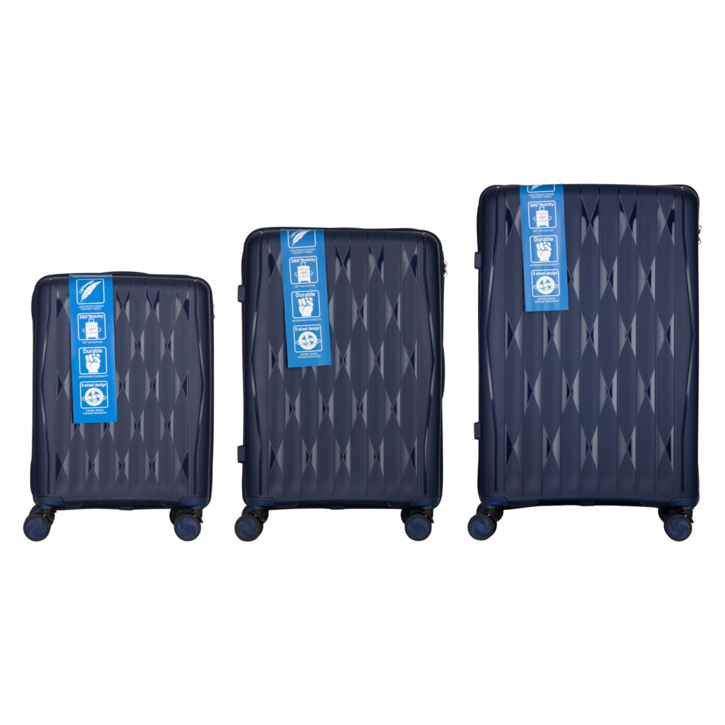 2E Suitcase set 3in1, M7979, polypropylene, (L+M+S), lock (not TSA), anti theft zipper, 4 wheels, dark blue