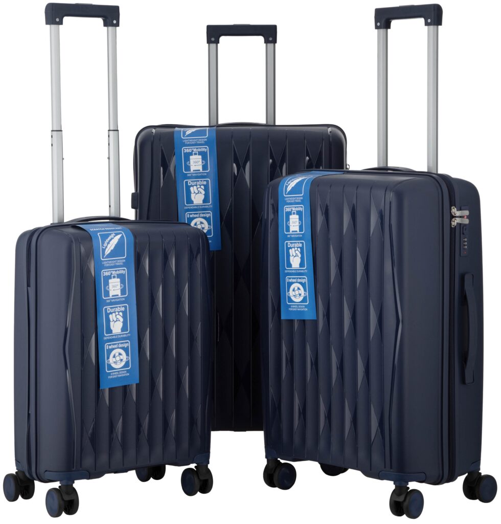 2E Suitcase set 3in1, M7979, polypropylene, (L+M+S), lock (not TSA), anti theft zipper, 4 wheels, dark blue