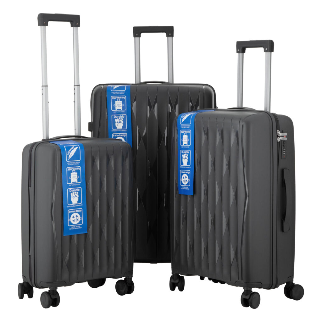 2E Suitcase set 3in1, M7979, polypropylene, (L+M+S), lock (not TSA), anti theft zipper, 4 wheels, dark grey