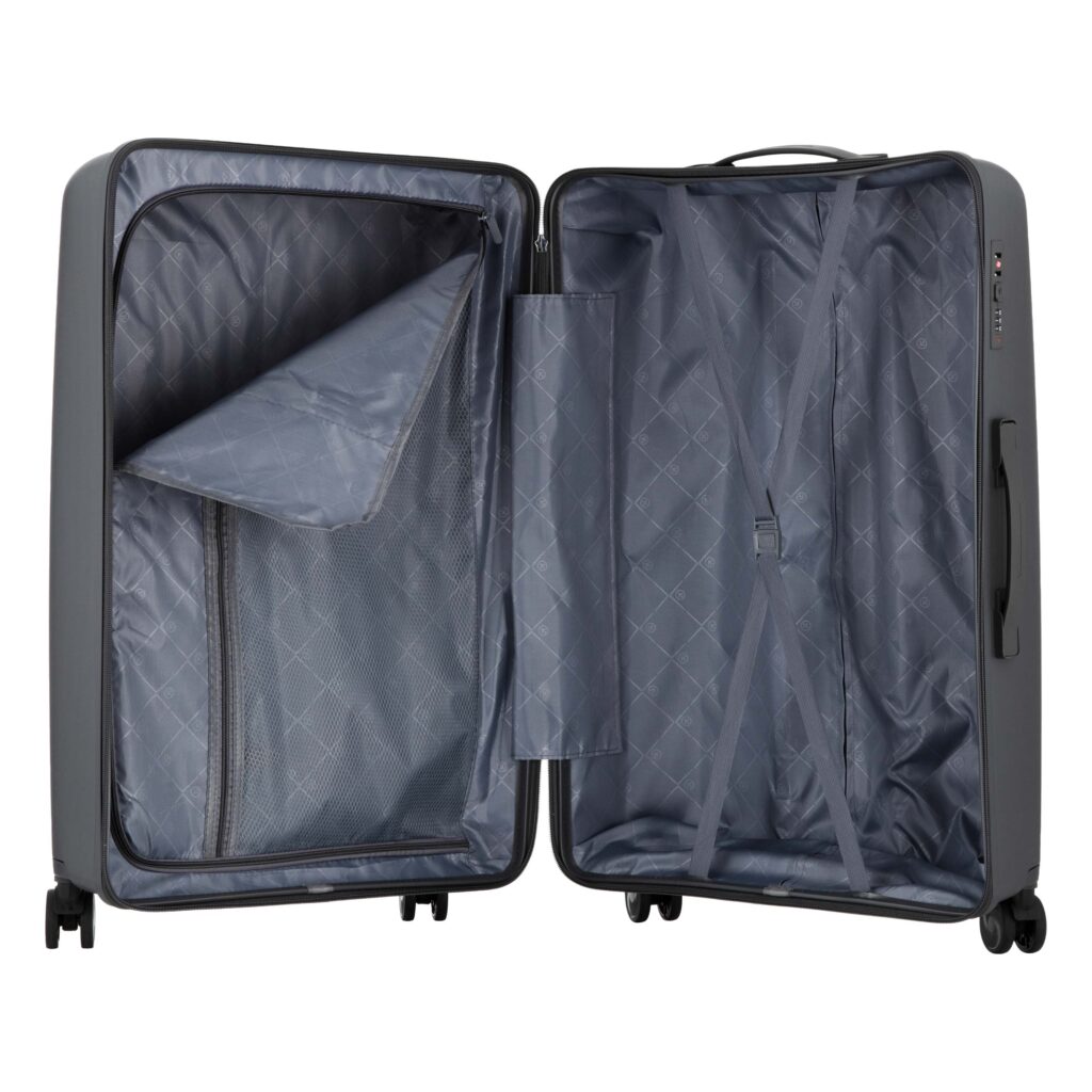 2E Suitcase set 3in1, M7979, polypropylene, (L+M+S), lock (not TSA), anti theft zipper, 4 wheels, dark grey