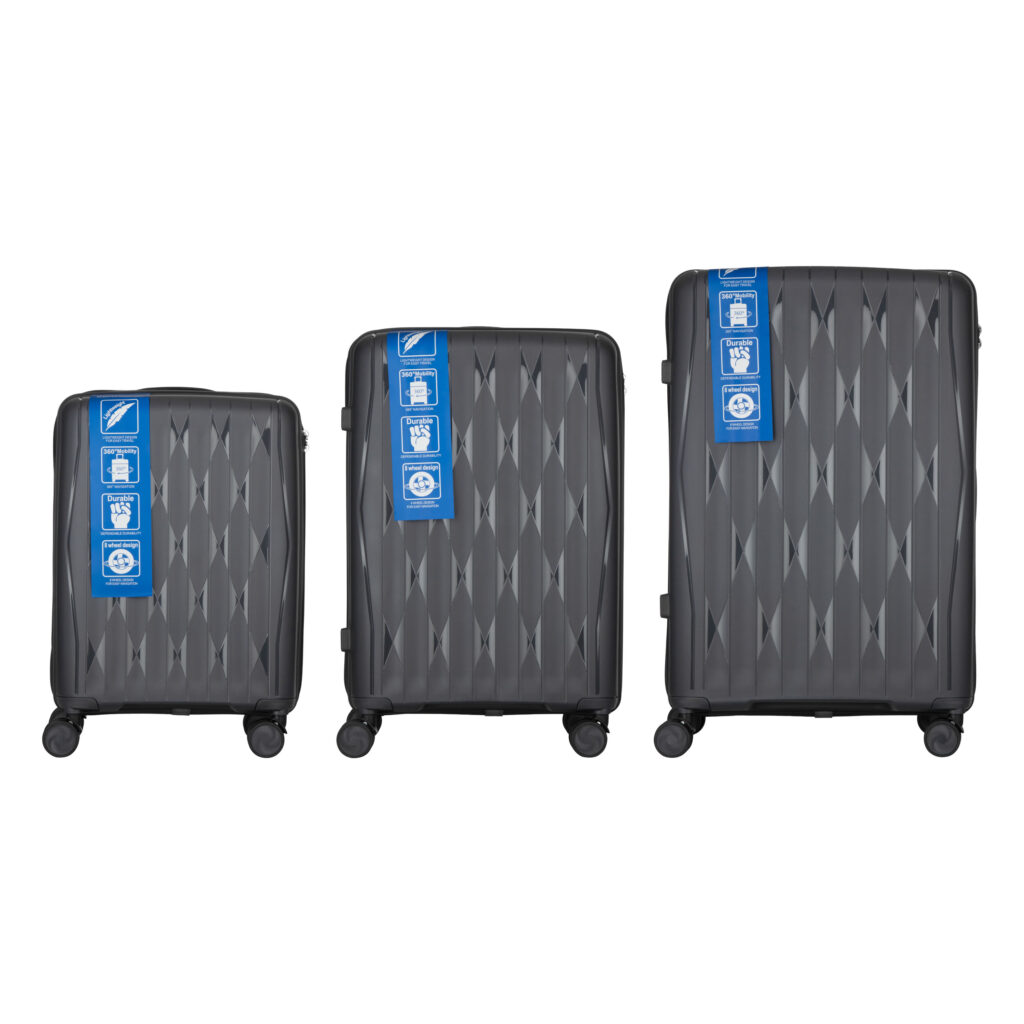 2E Suitcase set 3in1, M7979, polypropylene, (L+M+S), lock (not TSA), anti theft zipper, 4 wheels, dark grey