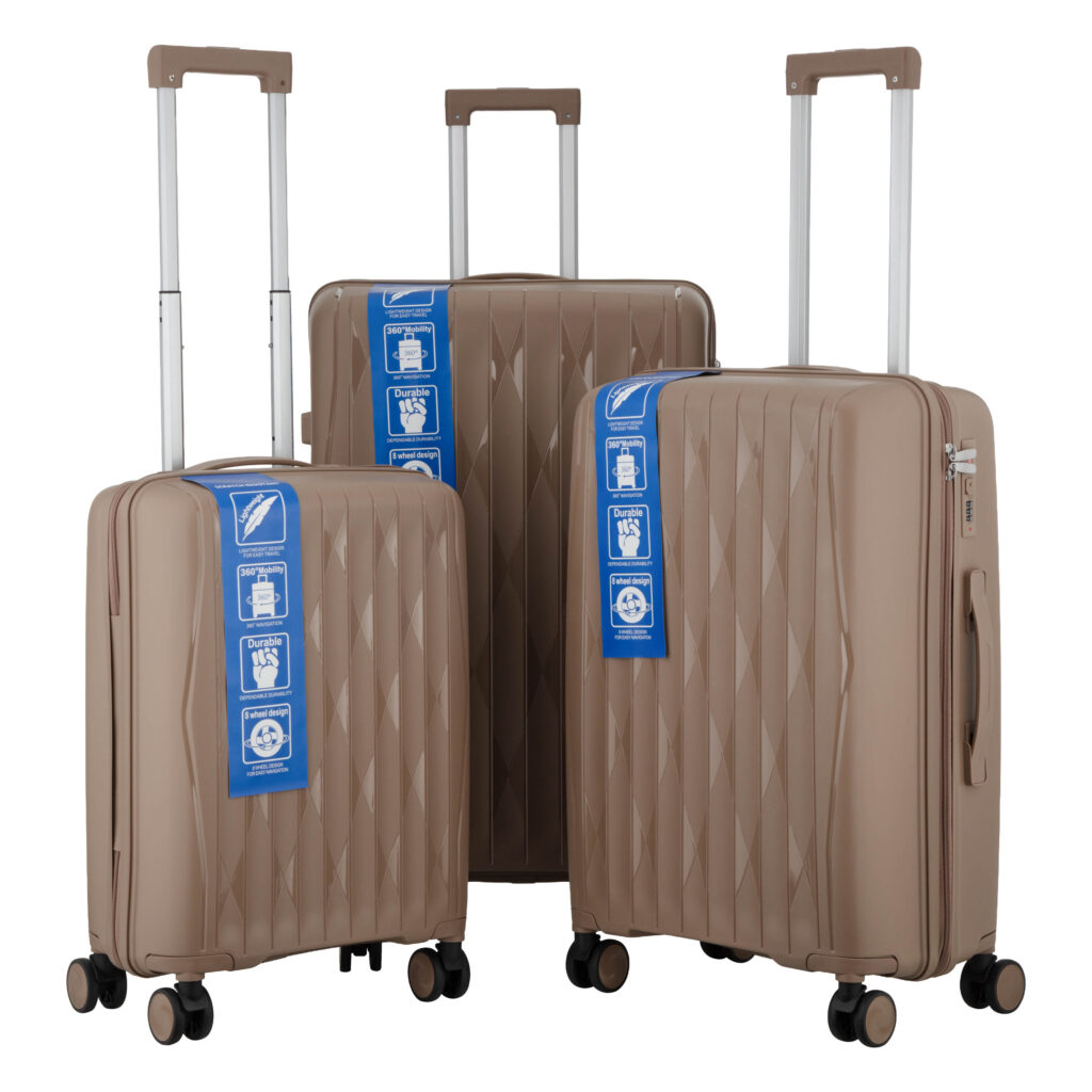 2E Suitcase set 3in1, M7979, polypropylene, (L+M+S), lock (not TSA), anti theft zipper, 4 wheels, khaki