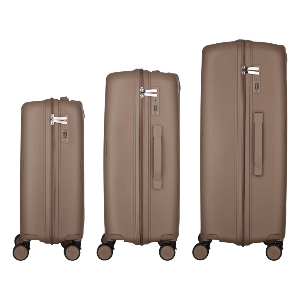 2E Suitcase set 3in1, M7979, polypropylene, (L+M+S), lock (not TSA), anti theft zipper, 4 wheels, khaki