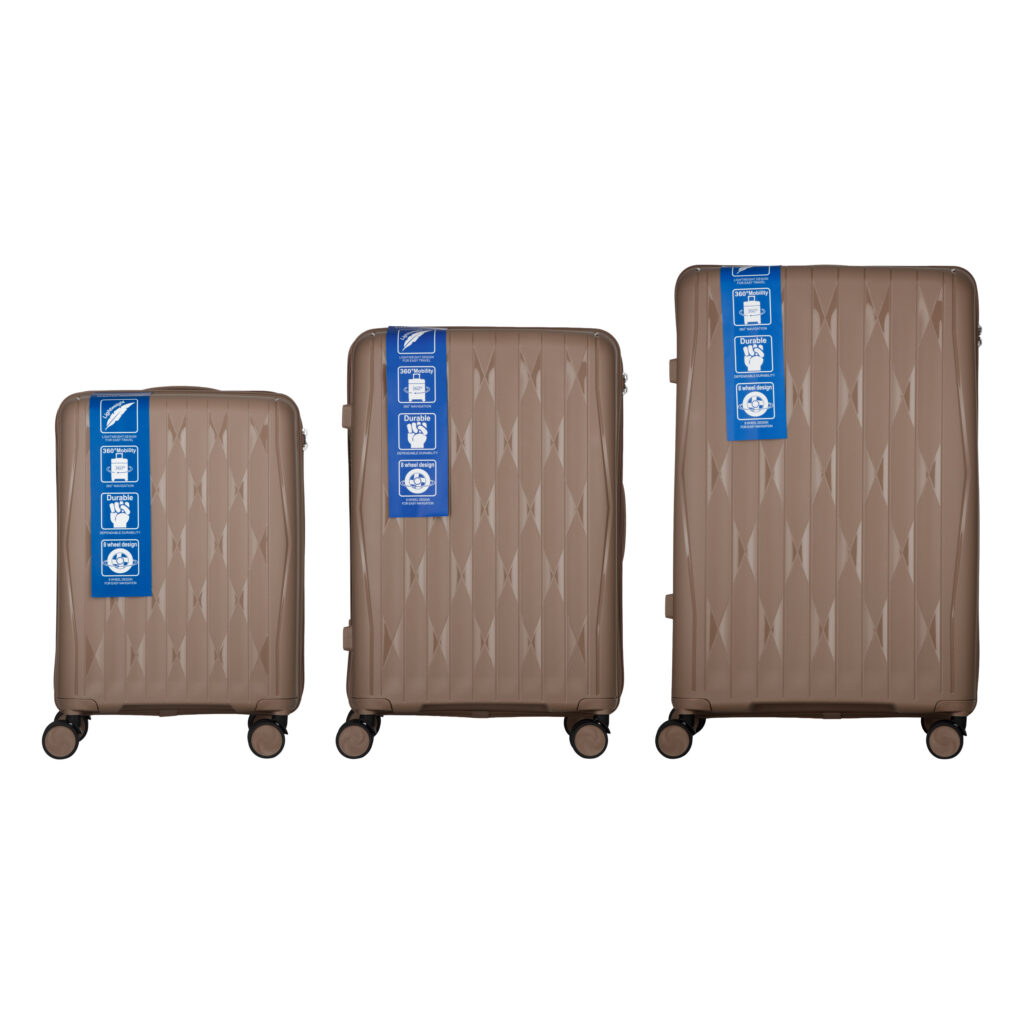 2E Suitcase set 3in1, M7979, polypropylene, (L+M+S), lock (not TSA), anti theft zipper, 4 wheels, khaki