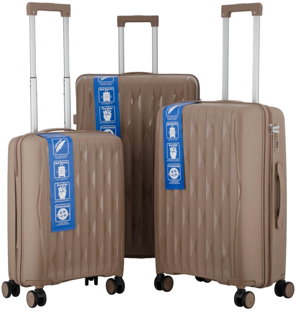2E Suitcase set 3in1, M7979, polypropylene, (L+M+S), lock (not TSA), anti theft zipper, 4 wheels, khaki