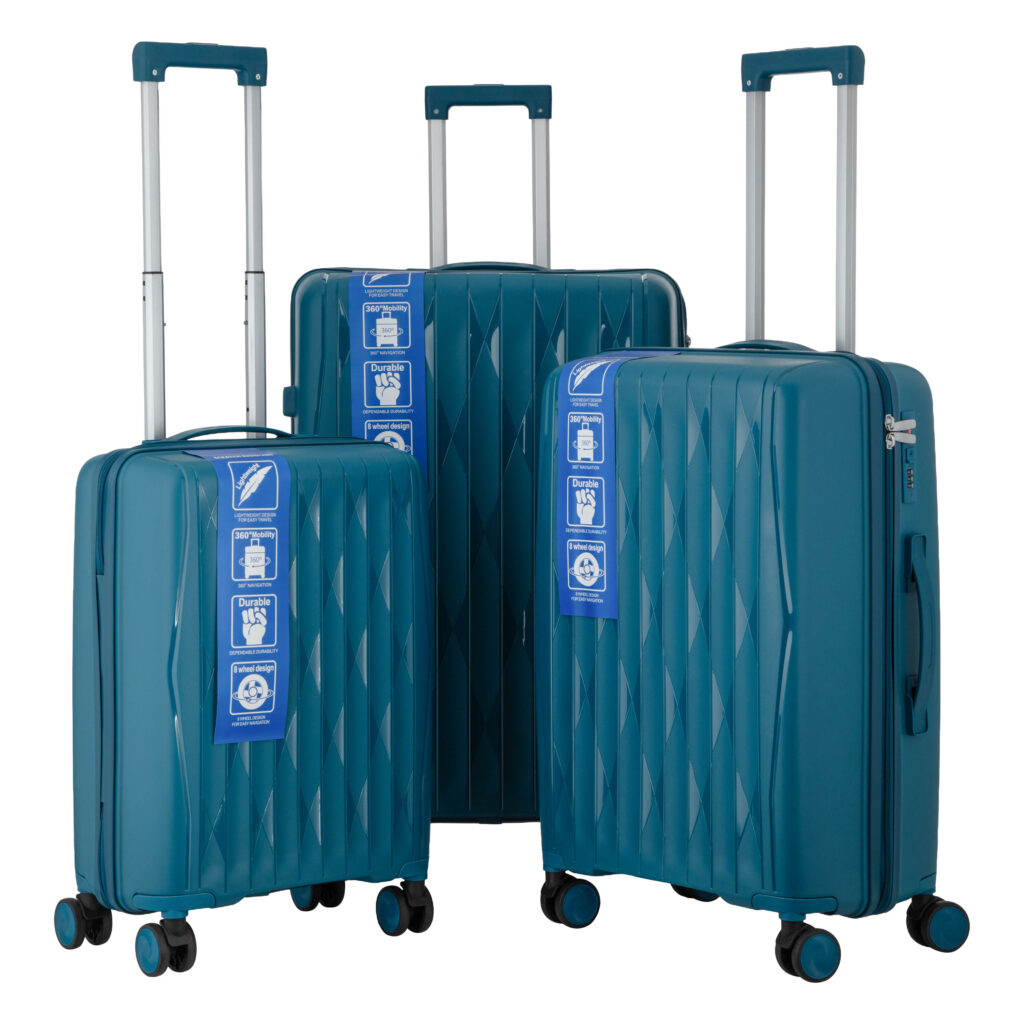 2E Suitcase set 3in1, M7979, polypropylene, (L+M+S), lock (not TSA), anti theft zipper, 4 wheels, light blue