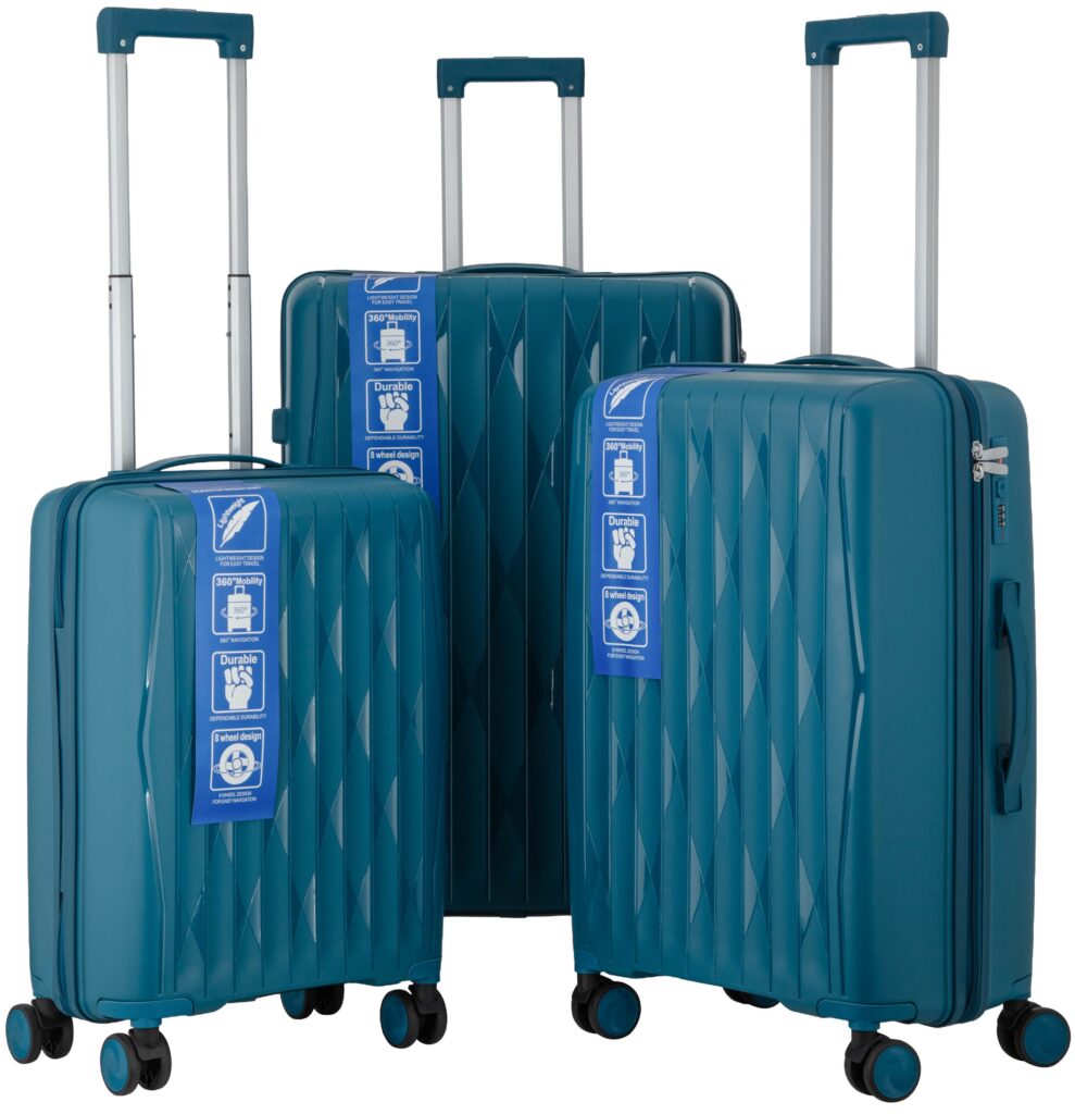 2E Suitcase set 3in1, M7979, polypropylene, (L+M+S), lock (not TSA), anti theft zipper, 4 wheels, light blue